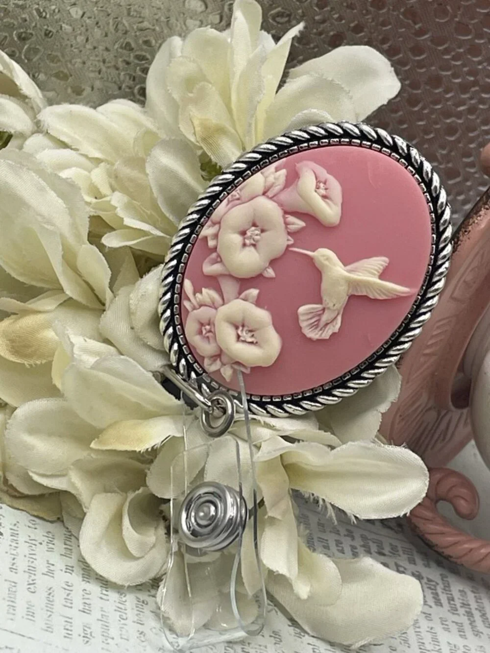 Romantic Pink Hummingbird Lanyard Cameo Retractable Reel ID Card Badge Holder